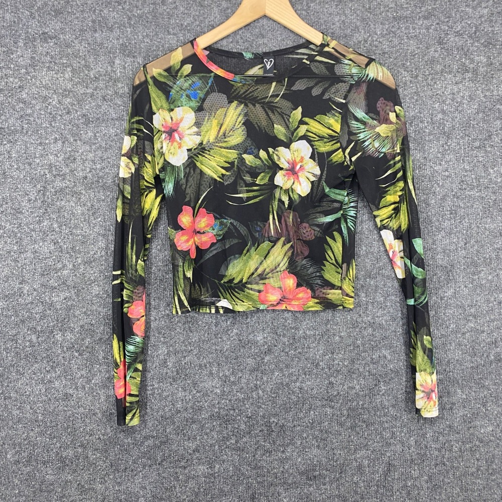 Windsor Women Black Tropical Floral Sheer Mesh Long Sleeve Crop Top Hibiscus